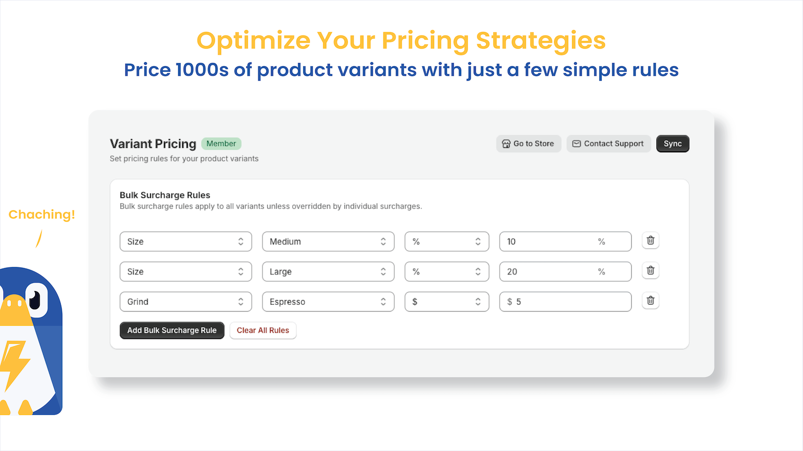Set bulk surcharge for product options and variants
