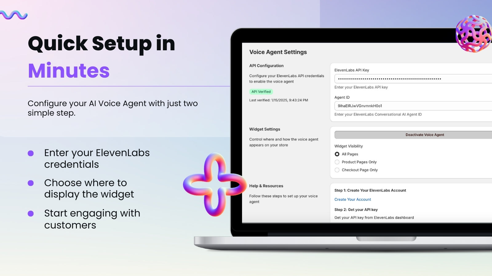Voice agent settings page showing easy two-step setup