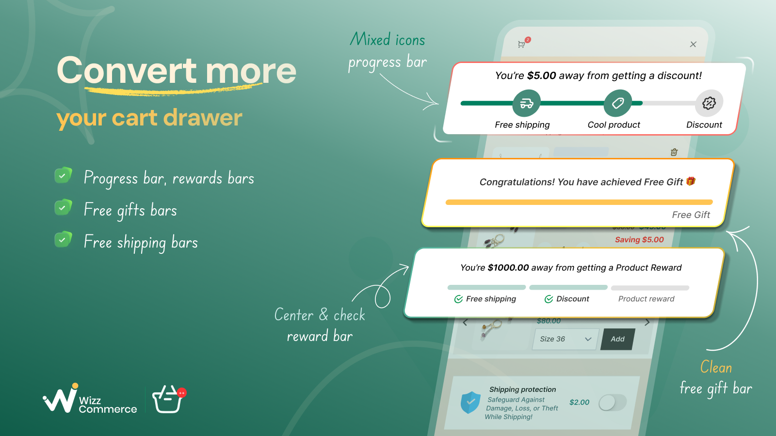 Progress bar, reward bar,free shipping bar,free gifts & discount