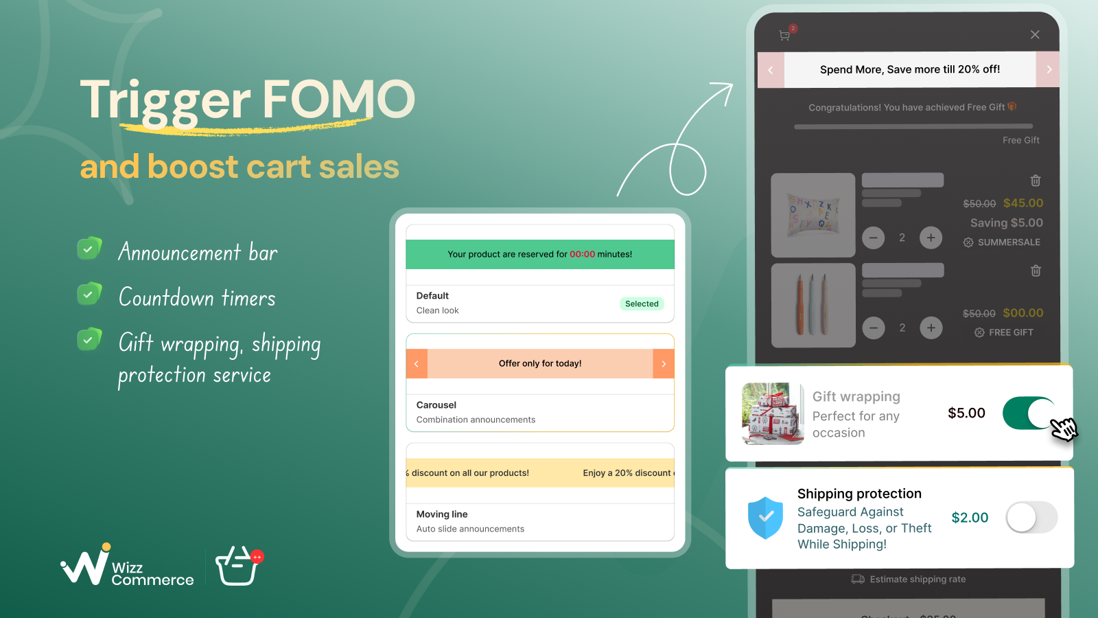 Announcement bar and gift wrapping, shipping protection 