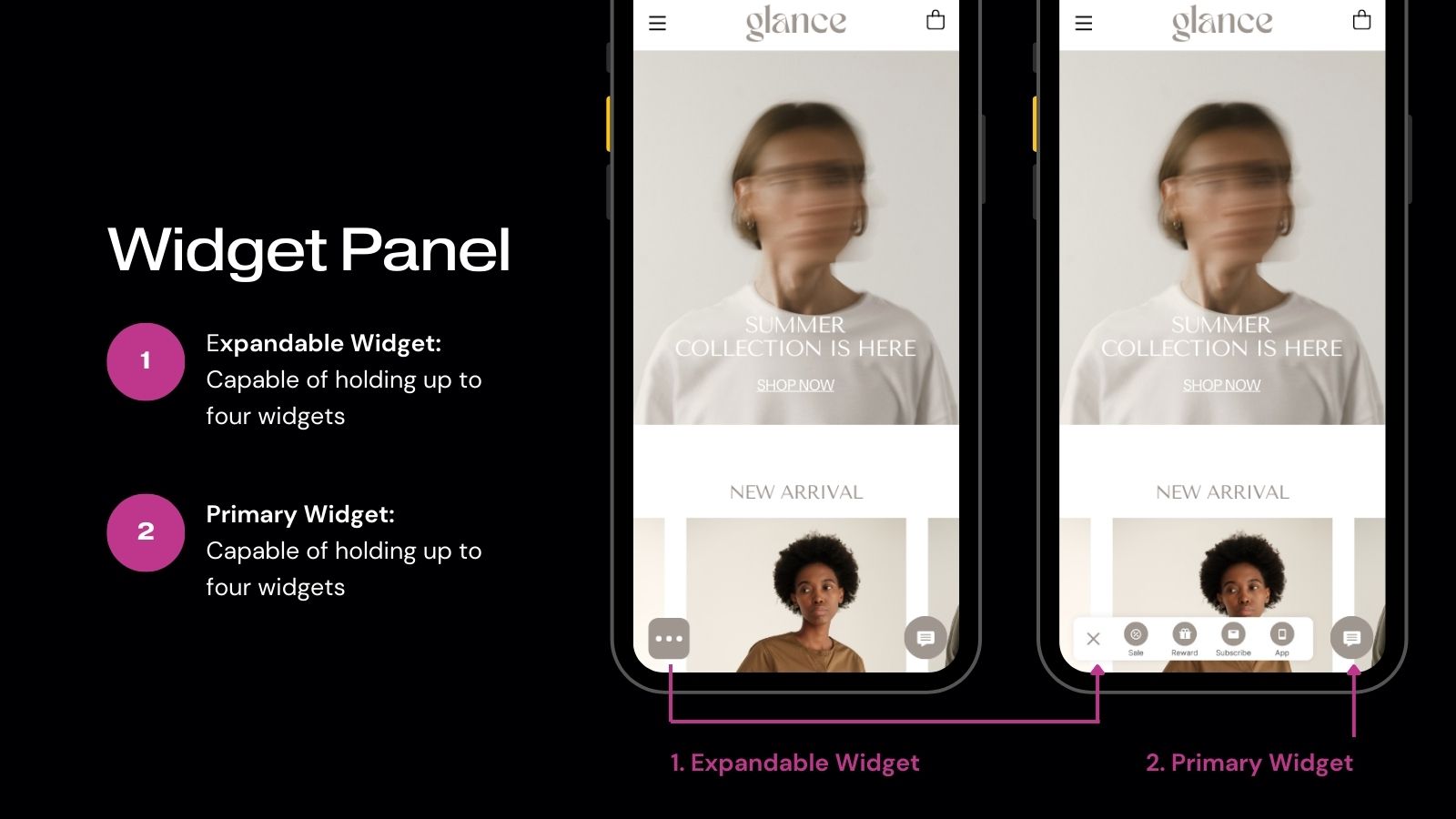Expandable widget panel holds up to four widgets.