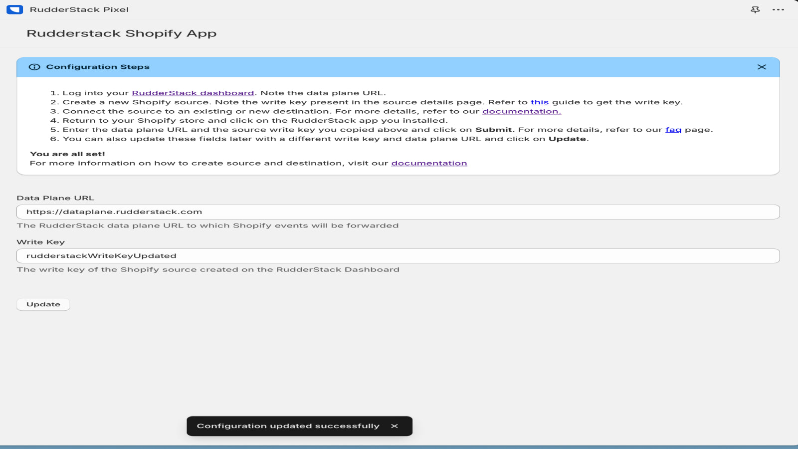 Updating the credentials in the RudderStack Pixel App.