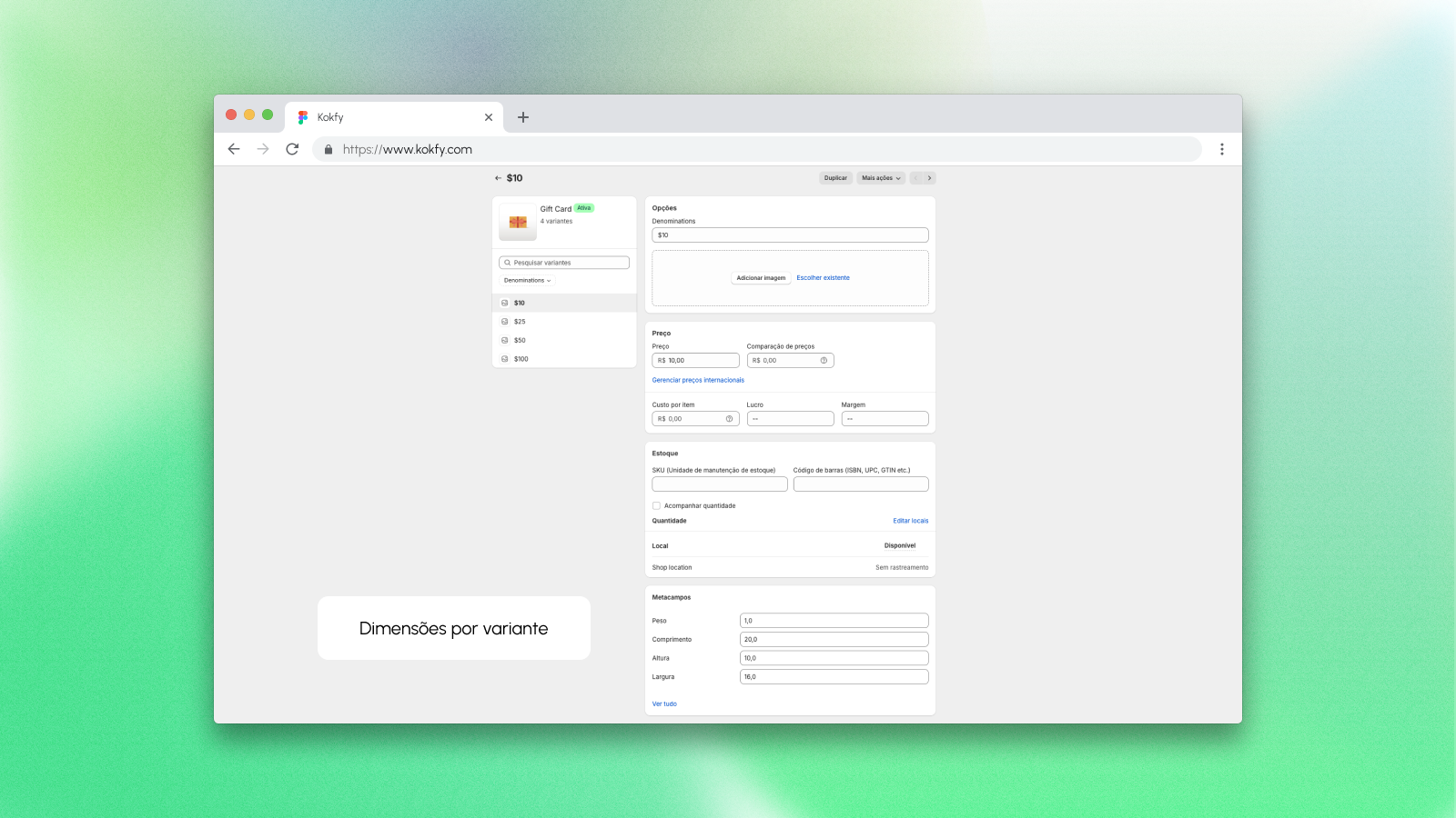 calcular frete dimensões por variante shopify