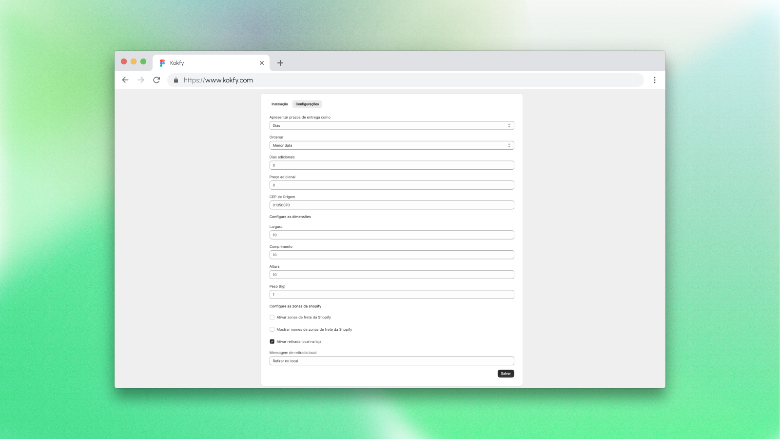 configurações kokfy calculo frete no produto shopify
