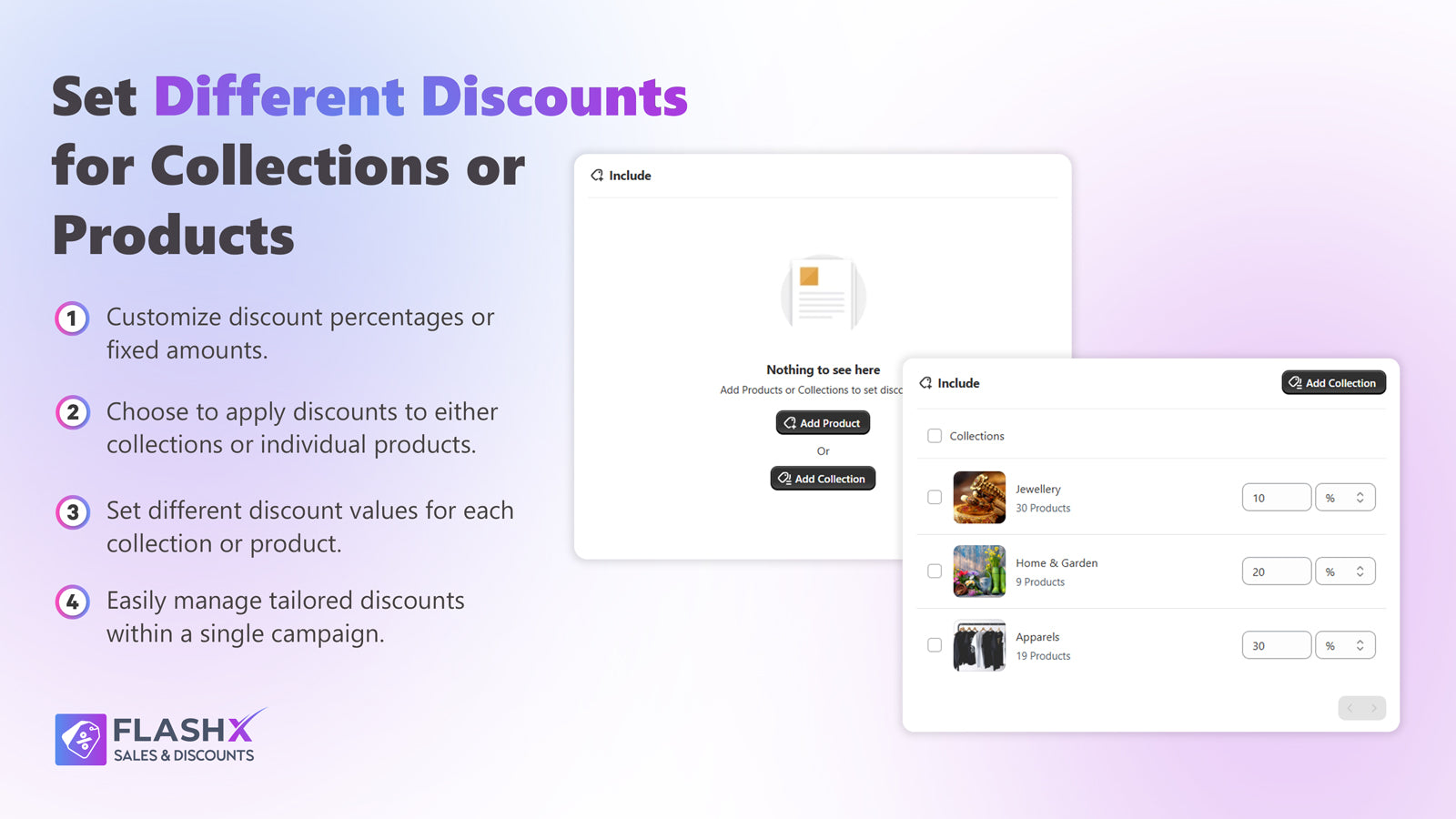 FlashX: different discount for collections or products