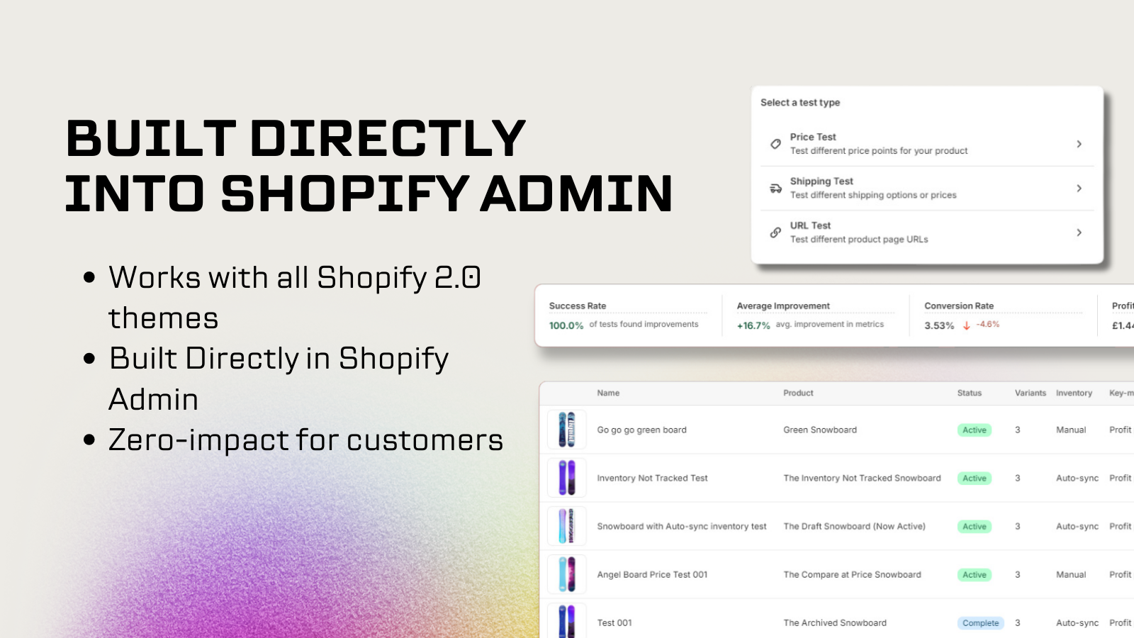 Shopify admin interface showing test types and campaign listings