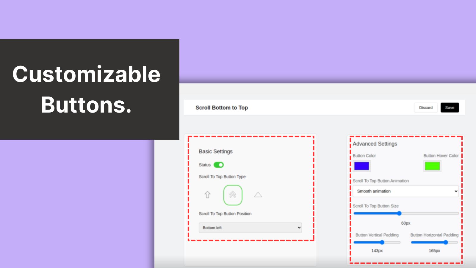Customizable button settings: size, color, and padding adjustmen