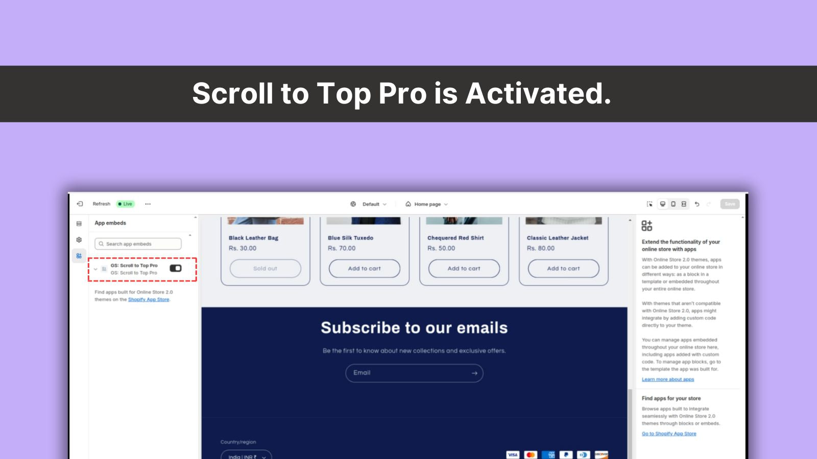 Scroll to Top Pro activated with toggle switch in Shopify admin