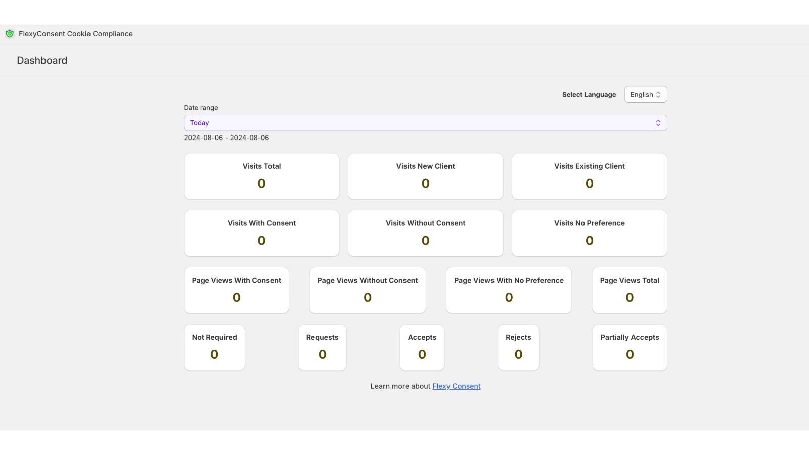 dashboard showing statistics and panel language selector