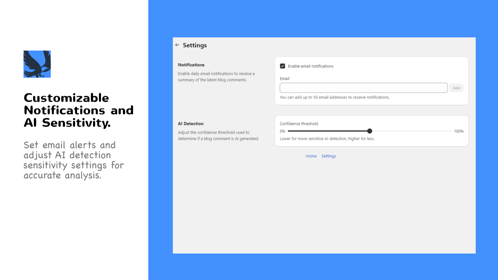 Eagle app settings for notifications and AI detection threshold.