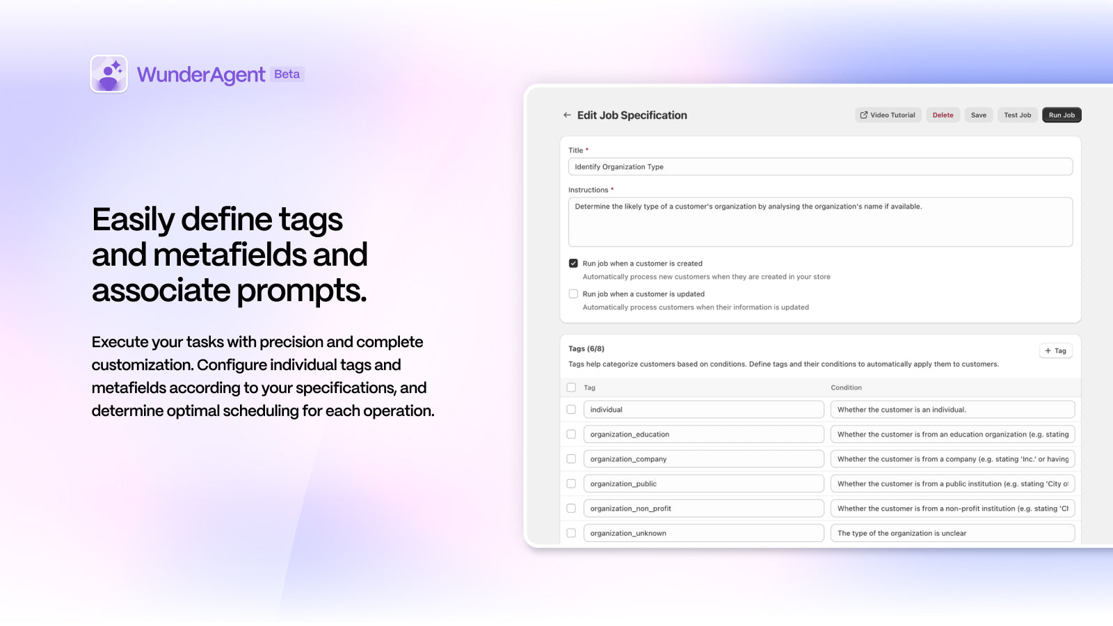Easily define tags and metafields and associate prompts.