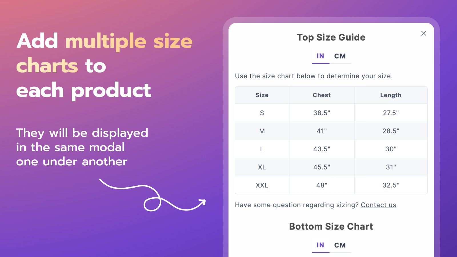 Add multiple size charts to each product