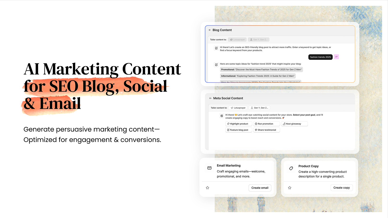 AI Marketing Content for SEO Blogs, Email, Social media content