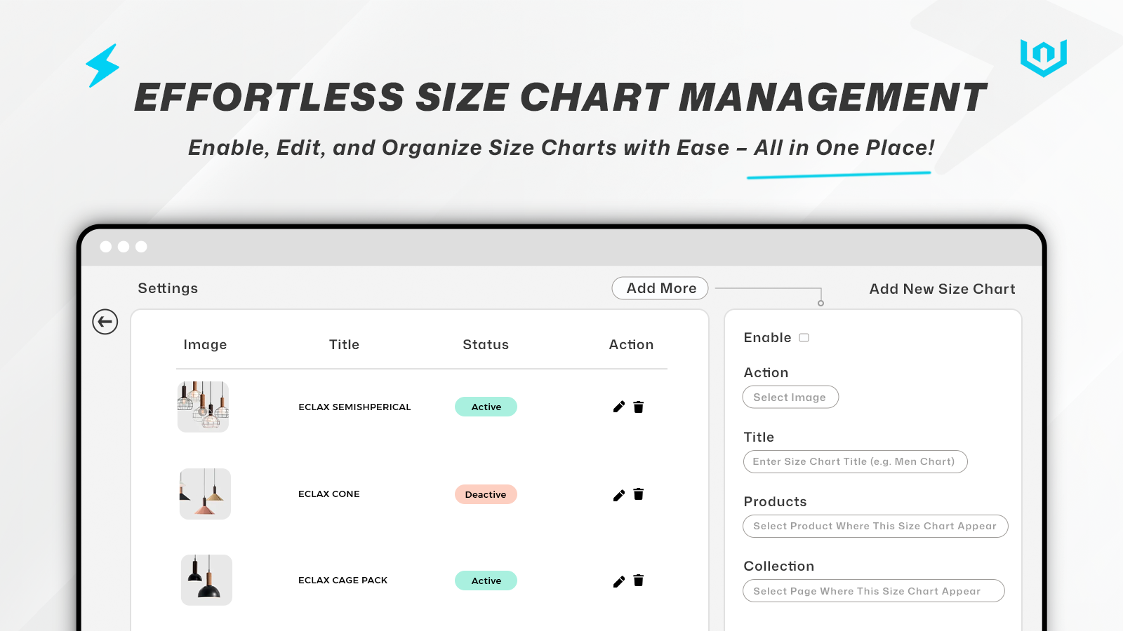 enable edit and customize size chart with ease