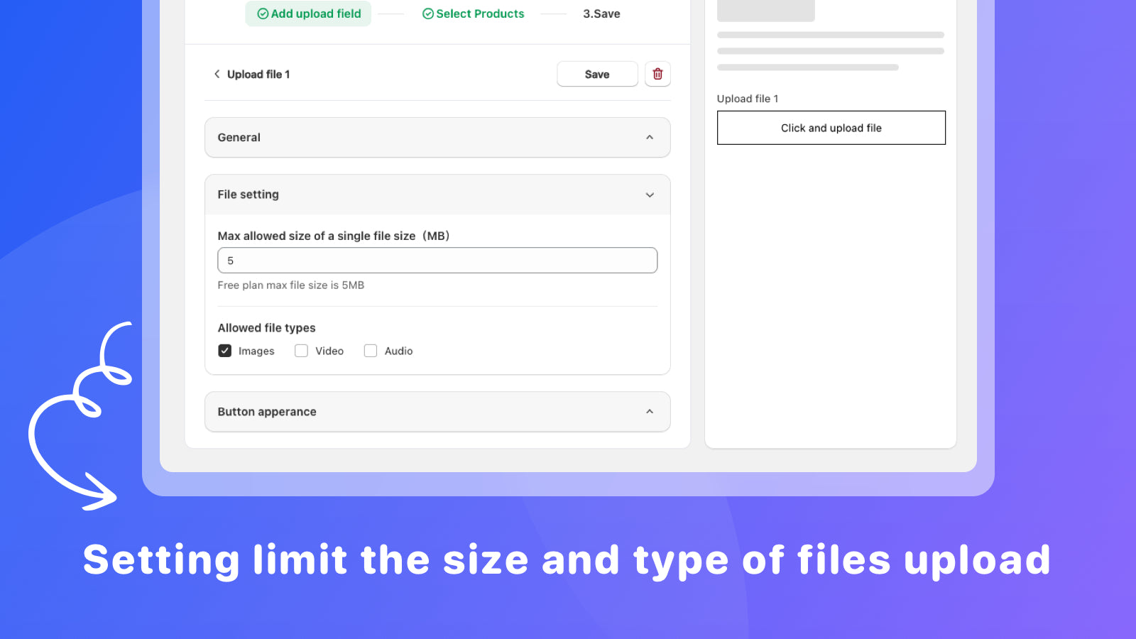 Setting limit the size and type of files upload