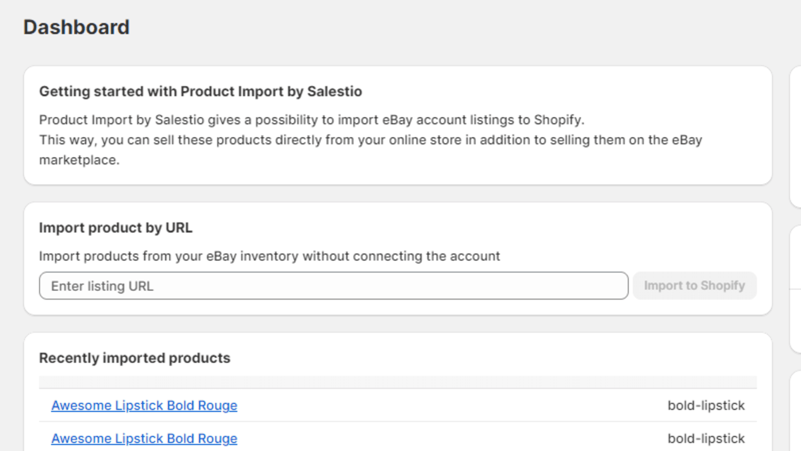 Salestio — eBay Product Import Dashboard