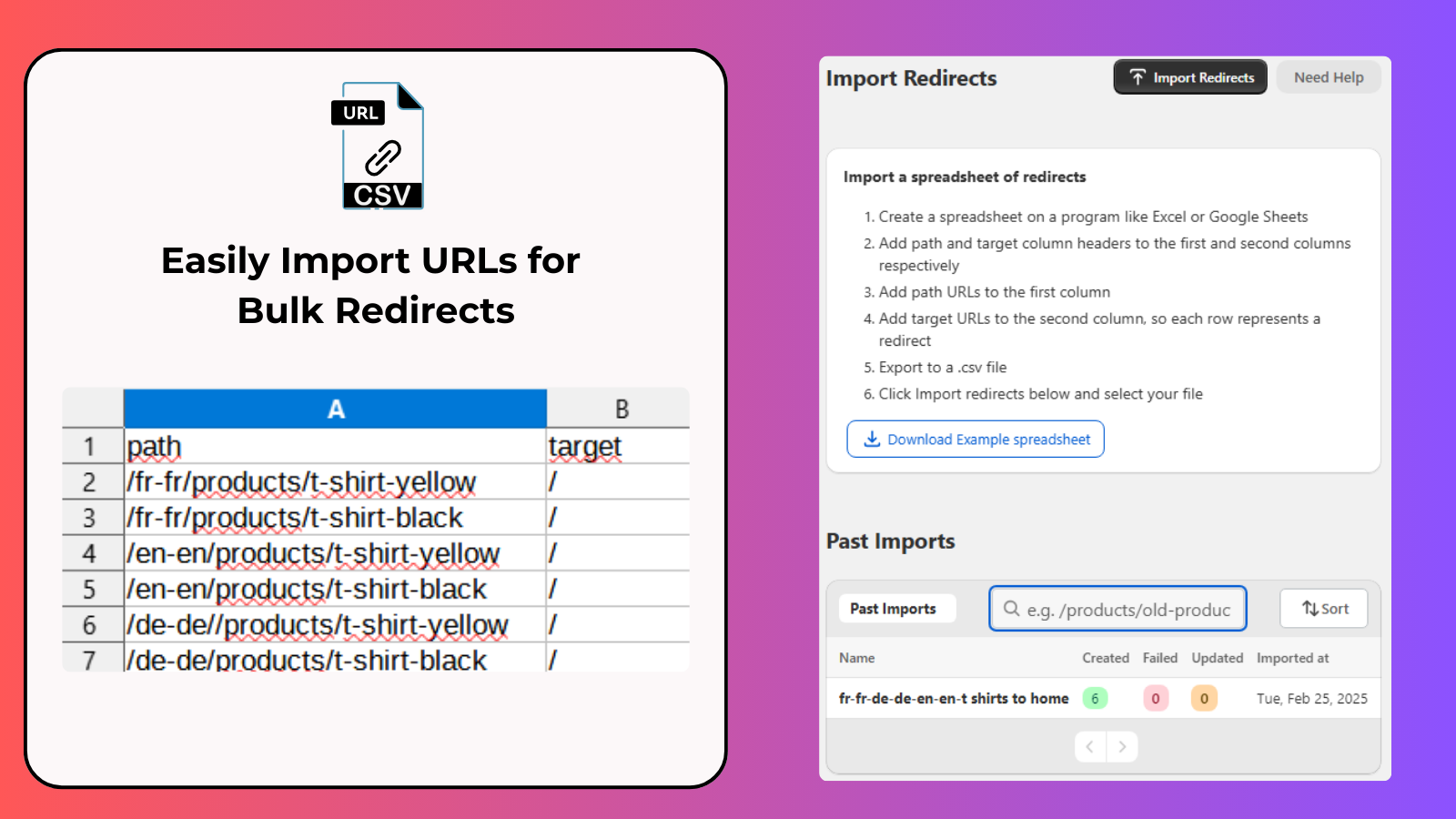 CSV Sheet bulk import 301 links