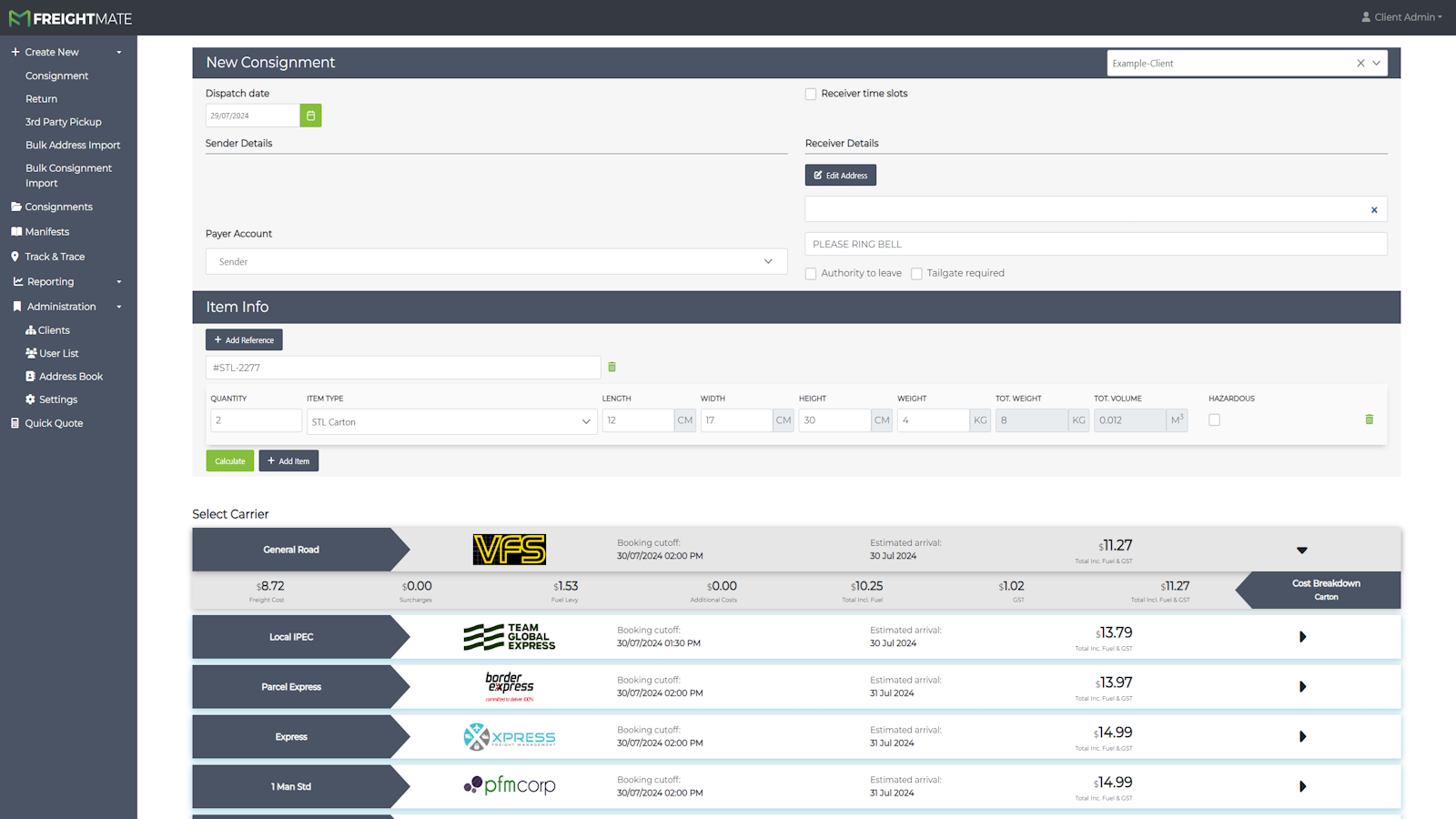 Freightmate Create Consignments