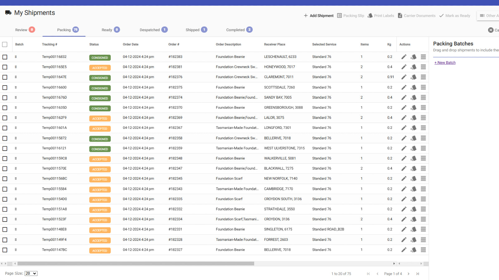 Shipments - generate labels - packing slips