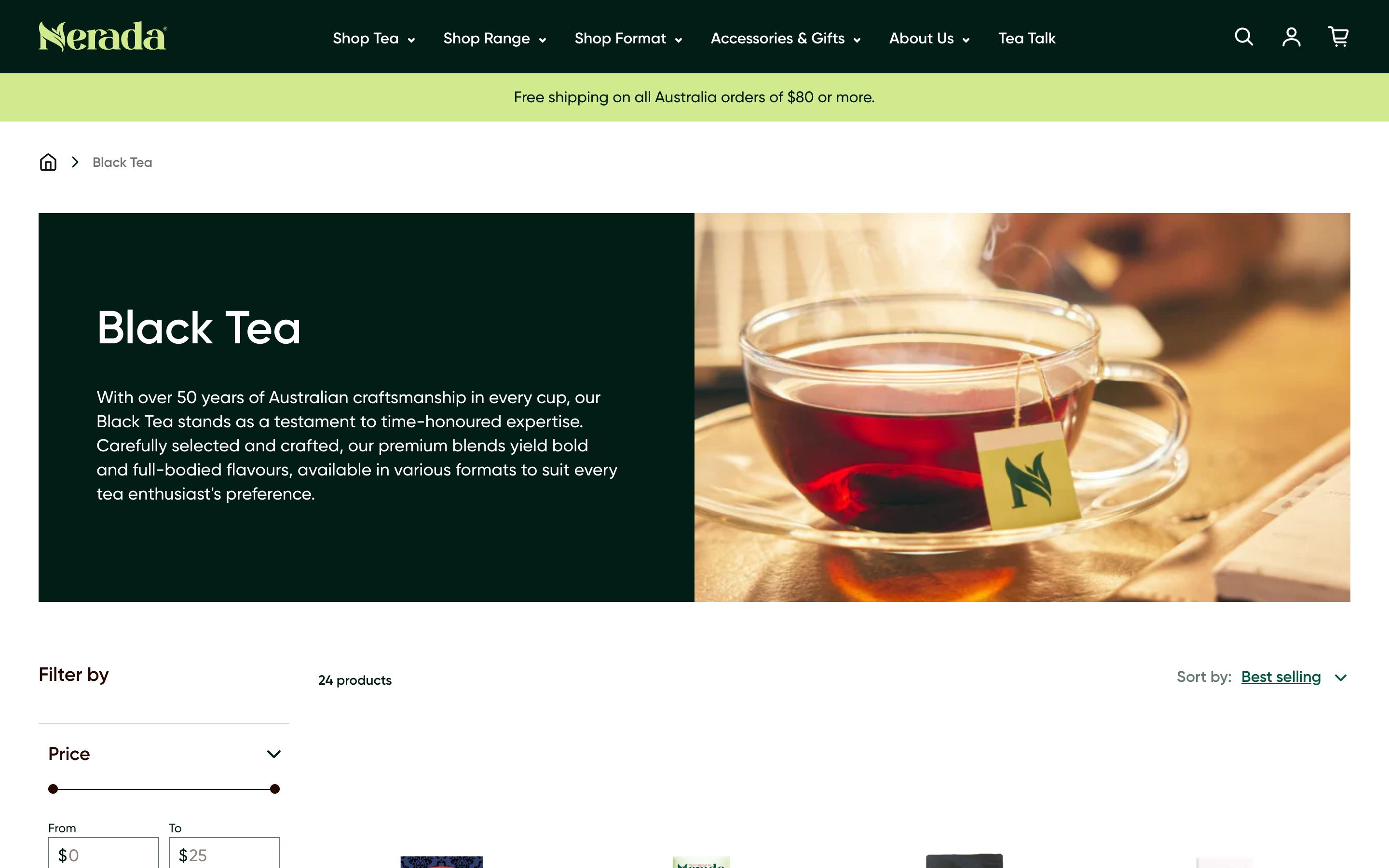 Nerada Tea Shopify Store Rebuild and Redesign screenshot
