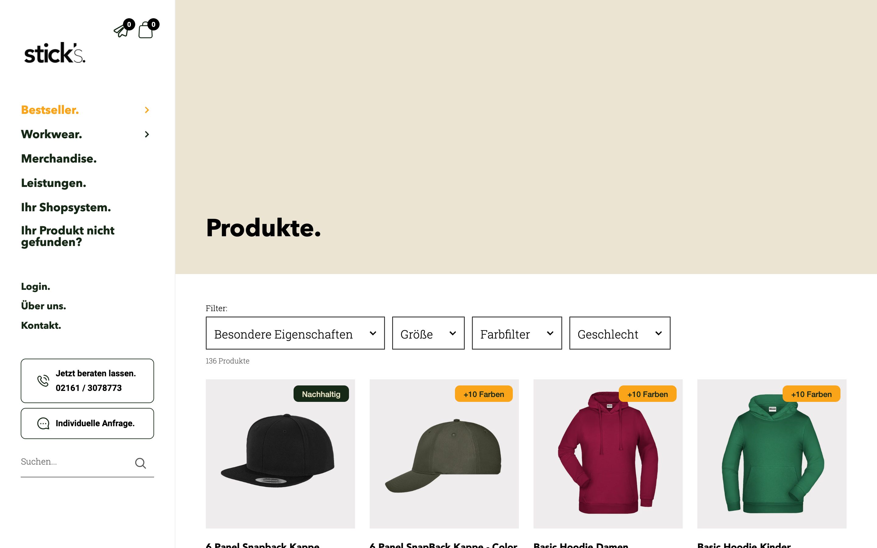 Shopify Shop für Stick's & indiv. Anfragetool screenshot
