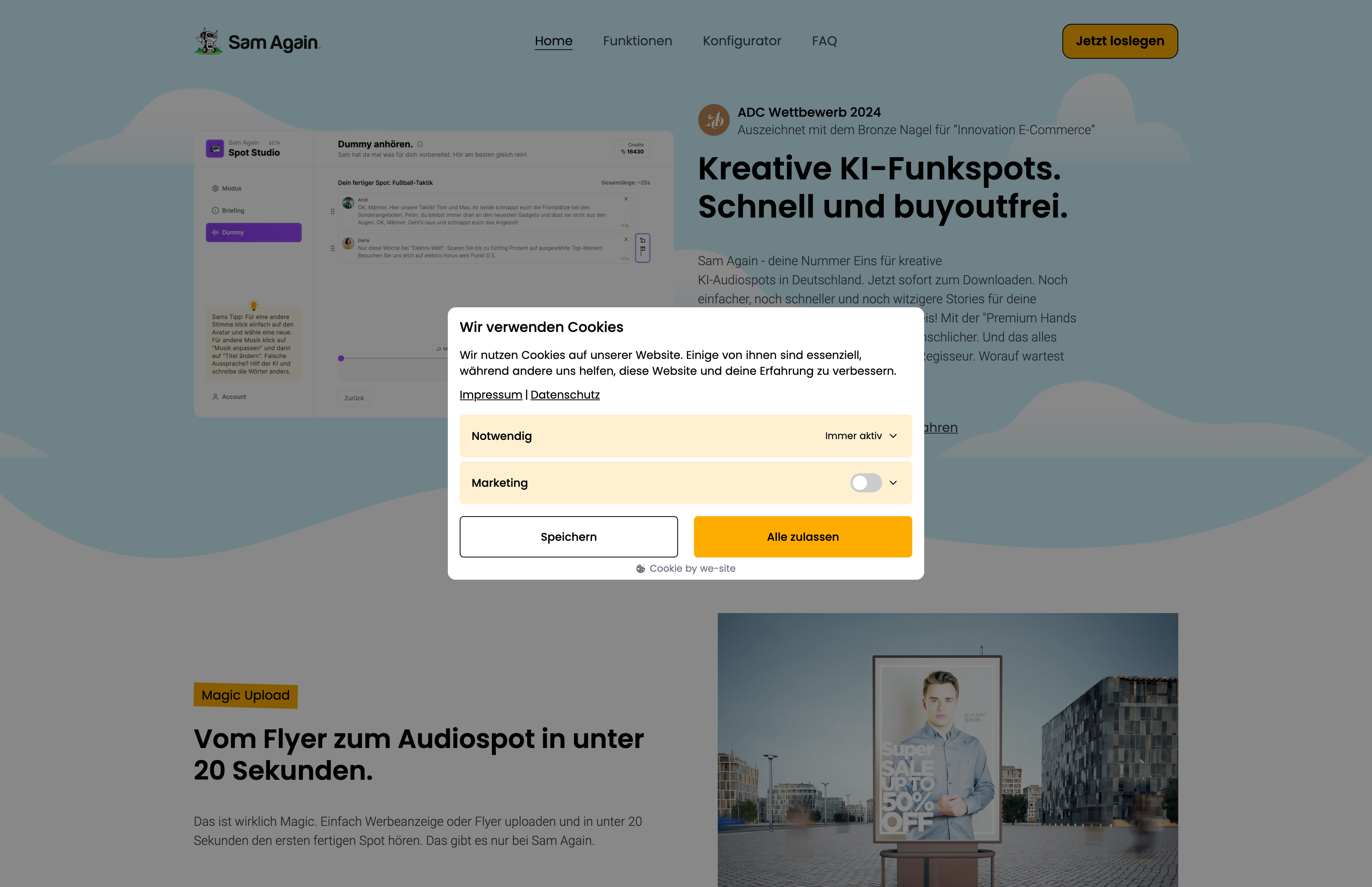 Innovativer AI Audio-Werbespot Konfigurator für Sam Again