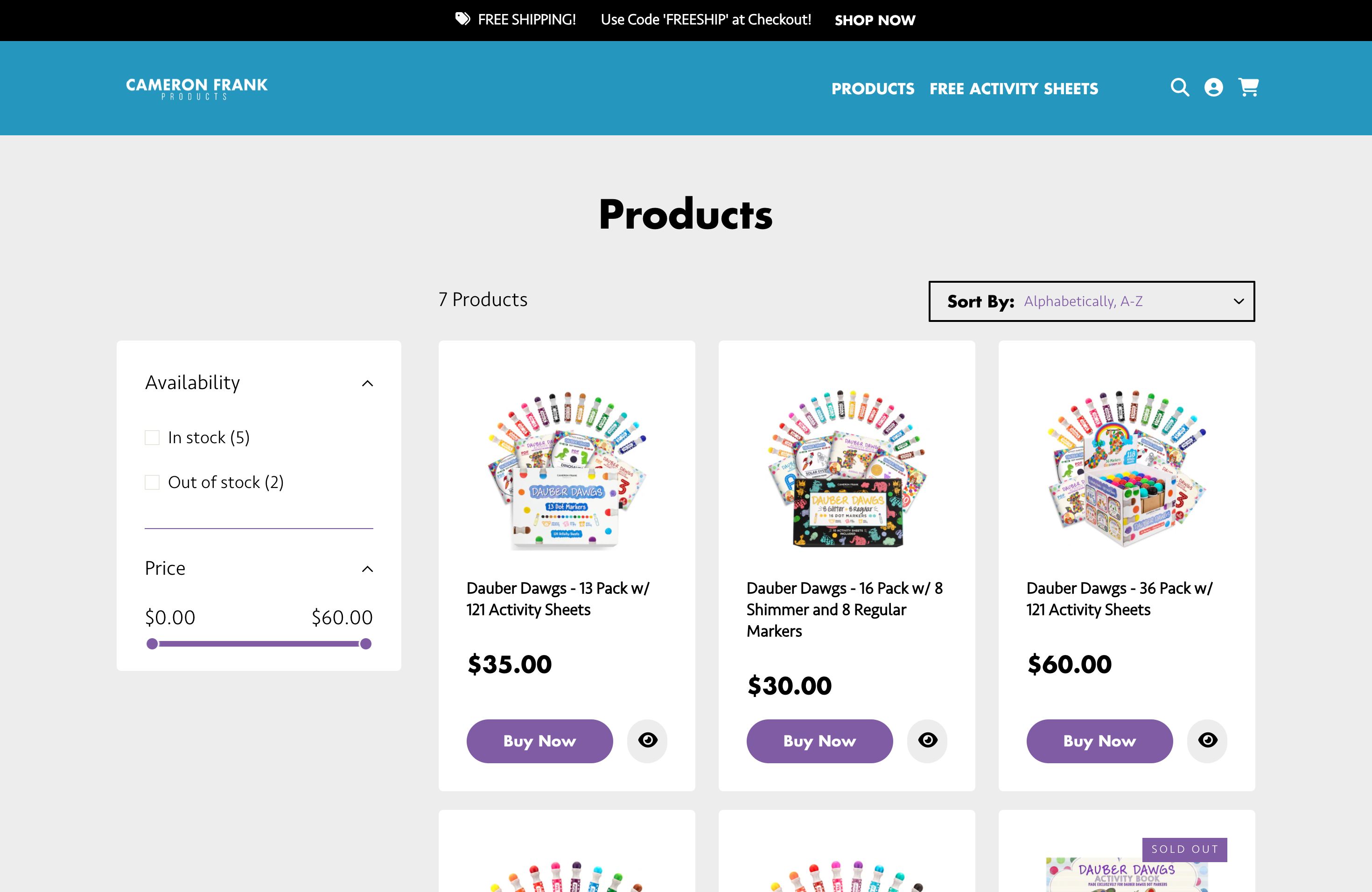 Cameron Frank products - Website design screenshot 2