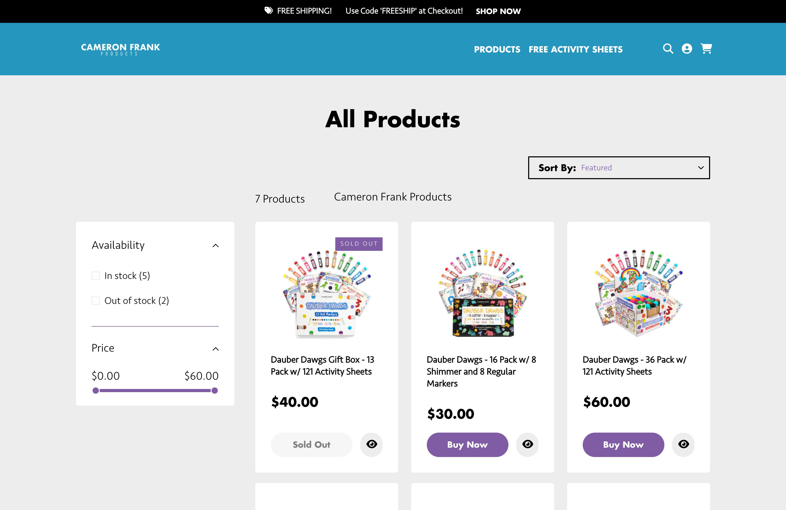 Cameron Frank products - Website design screenshot